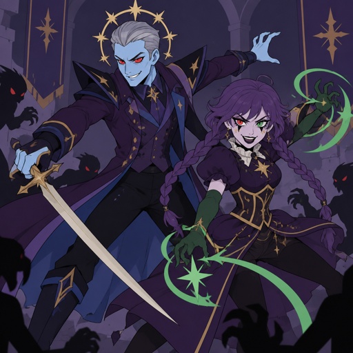 Male, grey short slick pointy back hair, light blue skin, completely full red eyes, red eyes, halo of gold stars surrounding head, purple long coat buttoned up, purple shirt and collar, shirt sleeves over palms, tall boots, black pants, blue details on clothes, pointy shoulder pads dark purple, Female, purple braids, messy bangs, one red eye the other green, black triangle under eyes, stars on face, dark purple lipstick,  purple dress with a short front, short puffy sleeve, gold corset, long green gloves, green details on clothes, stars on top, ruffled collar, black pants, fighting together, both smiling evil