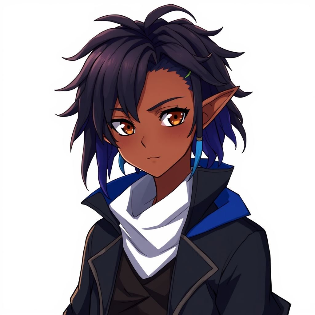 A 19 year old half human and half elf black man with short dreads wearing black and blue and brown eyes