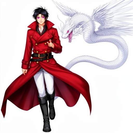 human man, black short hair, Fuchsia purple eyes, white pants, black boots, red double breasted greatcoat, gold buttons, black belts, white winged snake flying next to him
