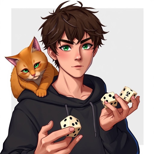 Guy with dark brown hair with black sweatshirt. He has 1 orange cat on his right shoulder. He holds 2 epic looking 20 sides dice in left hand