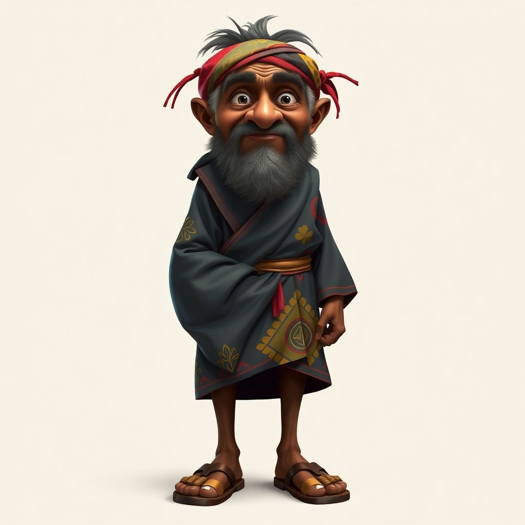 Create a funny looking African sensei. Show the whole character from head, body , legs , feet and make him serious. 