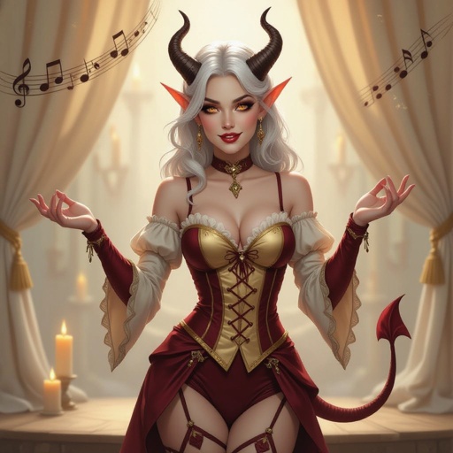 A semi-realistic fantasy portrait of Evangeline Ivey, the Fierna Tiefling Bard of the College of Glamour, performing upon a softly lit stage. The setting is elegant and theatrical — an ivory-curtained stage with warm candlelight spilling from antique candelabras, soft wood flooring, and drifting violet-and-gold ribbons of arcane music winding through the air.  Appearance Her skin is smooth porcelain-pale (#F3EDEB), evenly lit with soft candle glow. Her long silver-white hair (#D6D6DA) cascades down her back in shining waves. She has amber-gold eyes (#C88C21) that glint mischievously beneath long lashes. Across her brow rise dark brown ridged horns (#4A3A2C), symmetrical and cleanly curved back from her forehead. A slender devilish tail, pale to match her skin and ending in a red-and-black spade tip, curves gracefully behind her.  Outfit (Hard-Lock) She wears her cream and deep-red harlequin bodysuit with gold trim and embroidery — no purple tones anywhere. The fabric is finely tailored, elegant rather than gaudy. • Cream panels (#E9DFC7) catch the candlelight. • Deep red diamonds (#AA1E1E) shimmer with subtle velvet texture. • Gold embroidery (#C9A33A) forms curling arcane motifs along her neckline and cuffs.  Pose & Expression Full-body portrait to the shins, balanced in composition. Evangeline stands in an elegant dancing pose, one hip cocked, shoulders angled, her weight on one leg. Her hands hover mid-gesture — poised between spell and performance. Her lips curl in a knowing smirk, one brow lifted in playful confidence. Her gaze meets the viewer’s, amused and commanding, like a performer mid-spotlight.  Lighting & Tone Warm candlelight key illumination, gentle soft rim light outlining her silhouette. The magical ribbons cast subtle violet and gold reflections on her outfit and hair. The atmosphere is theatrical, romantic, and alive with bardic energy — a moment between music and magic.  Composition • Full-body (to shins) • 2:3 aspect ratio • Even, soft studio lighting — her porcelain skin remains consistent and luminous across face and body • Background: ivory curtains, wooden stage floor, soft candle glow, faint magical haze  Mood Charming, confident, and radiant — the bard as spell and spectacle made one.