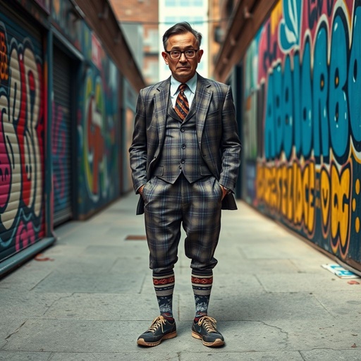 Create a funny looking serious man in the world, with a not so stylish outfit head to toe