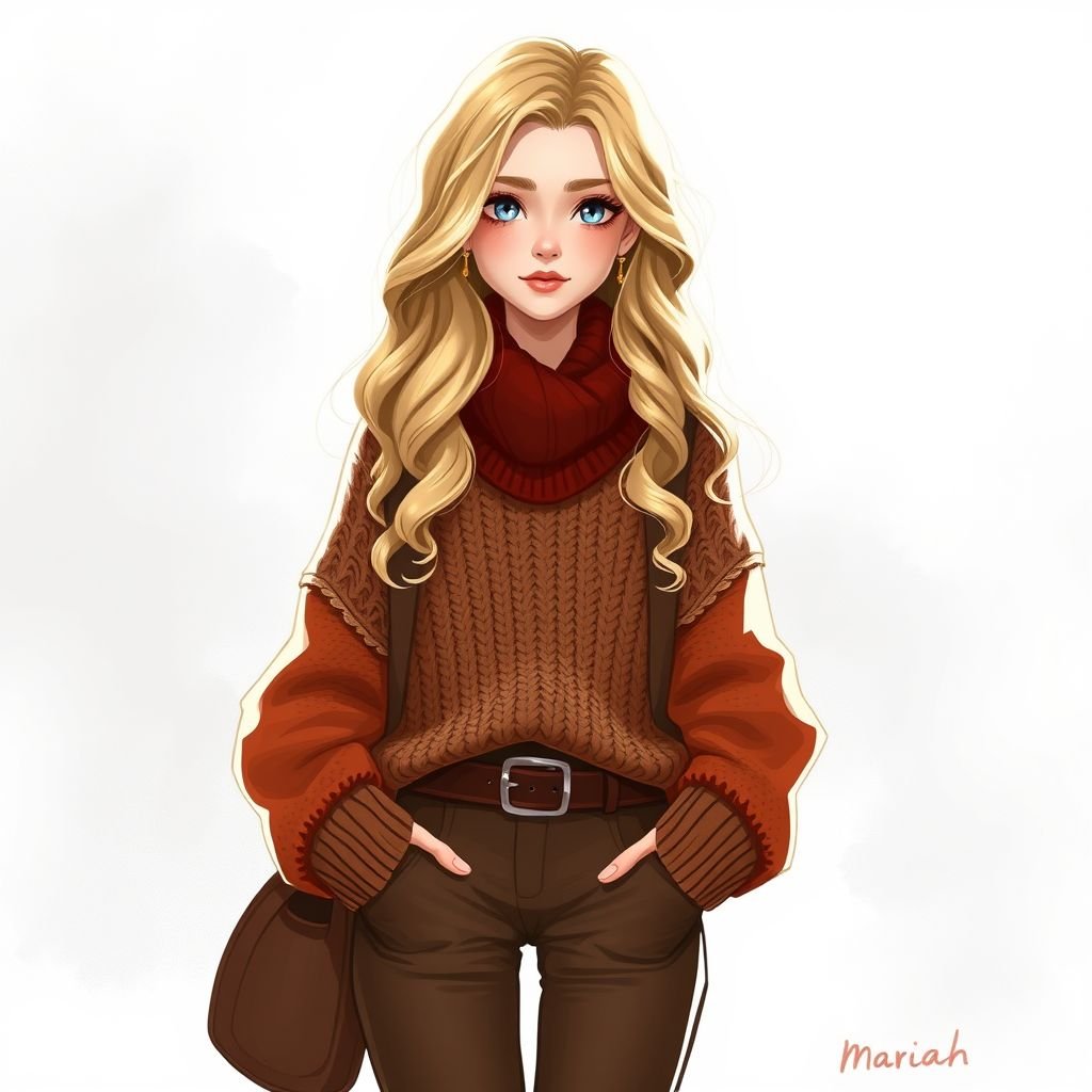 Mariah (18 ) - light blonde long hair and pale blue eyes and gentle curls and has a cinnamon girl clothing style - -autmn inspired -boots/sweaters -brown/red/beige -COZY -vintage pieces