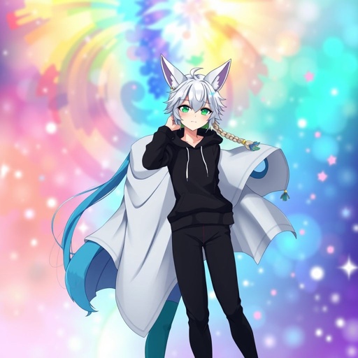 A pale teenage girl wearing a black hoodie and royal black trousers with emerald eyes and hair as white as snow and small fox ears knock into a young man with beige hair in the style of a braided half-up wearing a blue shirt and white cloak, black shorts, tights and boots with ocean blue hair