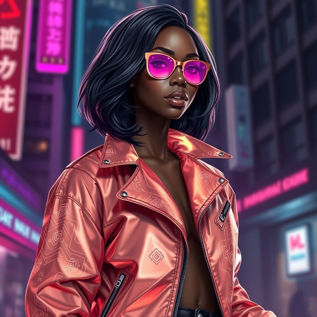 African American female cyberpunk with shoulder length hair in a layered side part style wearing a glowing rose gold jacket rose gold and purple shades and black jeans with black boots
