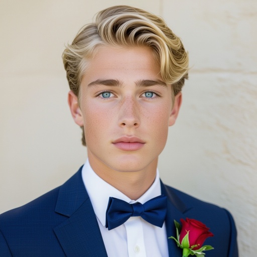 A blonde teenage prince who in a blue suit hot 