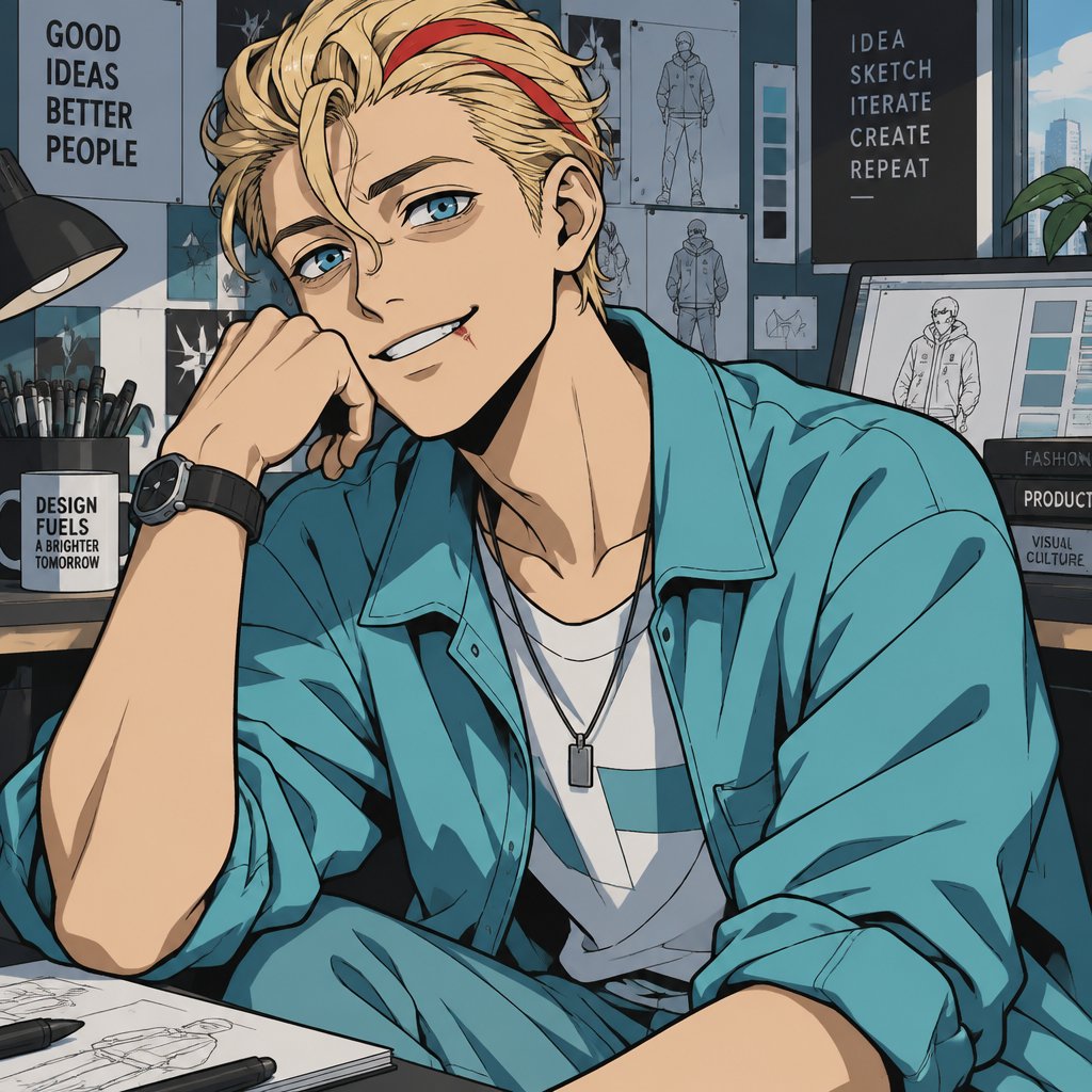 Male, blonde greased brushed back hair, curl on forehead, red streak in hair, scar on lip, blue eyes, eye bags, happy, slim, designer, cyan casual clothes