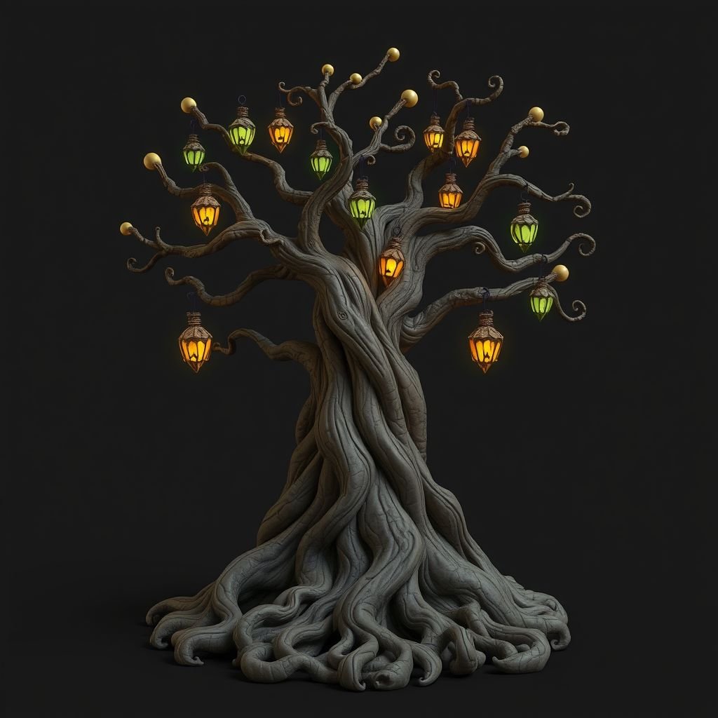 Give me a image of a dark  magic tree, with roots in the bottom
