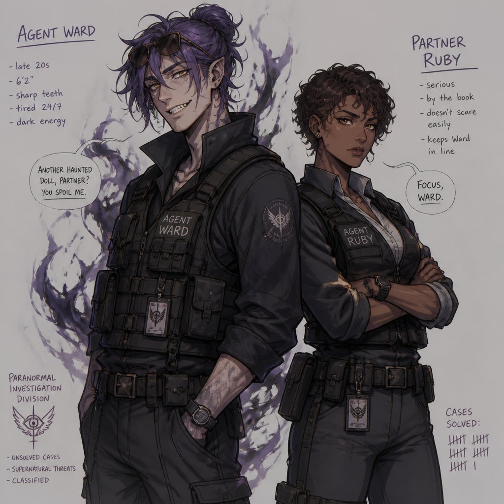 Anime style, Agent Ward, he was made in a secret lab to be the best weapon and good at everything, highly skilled in many things, he has to be kept in check by the facility and have an emergency backup in case he gets out of control, Wards hair is in a messy loose bun hair color violet, he is clean shaven, has yellow night vision eyes, sharp teeth, pointy ears,he wears sunglasses on his head, has a dark power energy from the experiments, is the best agent, he's in his late 20s, tired, tall, eyes are sensitive to light,easily gets migraines, likes making jokes, can be reckless mischievous and dangerous,grins, hates being told what to do, intimidating, laugh like a maniac, cares about his partner but doesn't admit it. Partner Ruby, she has curly brown hair a little above the neck, brown eyes, dark skin, very serious but has a soft spot for ward, goes by the rules, gets annoyed by Ward but conceders him as a friend, try's telling him to sleep, doesn't like his jokes when there working. They solve cases especially paranormals and strange cases
