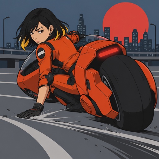 Asian female with straight black neck length hair, yellow tips, side bangs on one side, eyebrow piercing, under eye mascara, ear piercing, motorcycle clothes orange, doing the Akira motorcycle slide