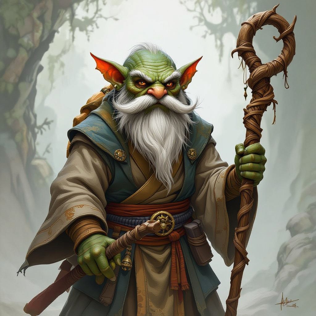 an old Tortle monk, he has a whispy mustache and a long pointy beard on his chin. His skin and shell are thick and gnarled. He is wearing classic monk robes. he is holding a wooden staff which has a curled and gnarled end at the top. he does not have ears.