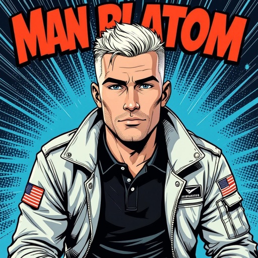 man with Platinum Blonde Military Buzzcut Hair.  Astronaut Flight Jacket Black And White Polo and Light blue denim jeans with red sneakers