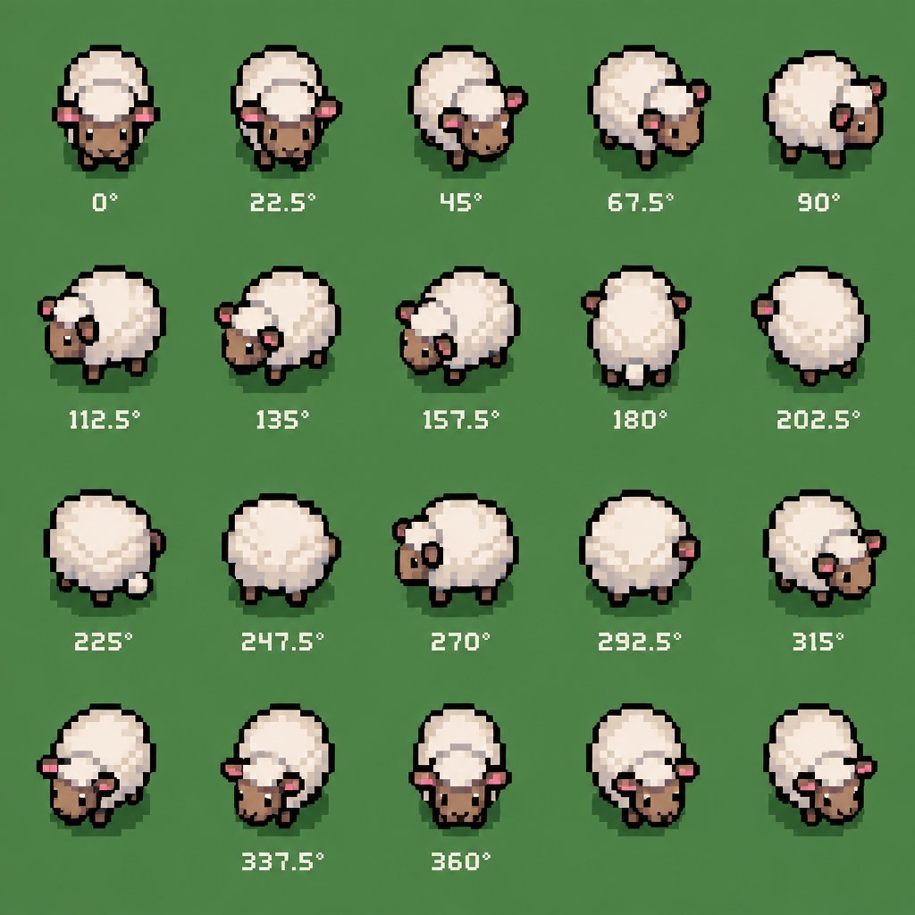 Sheep for a fantasy game set in modern times, top-down style, 360, different colors
