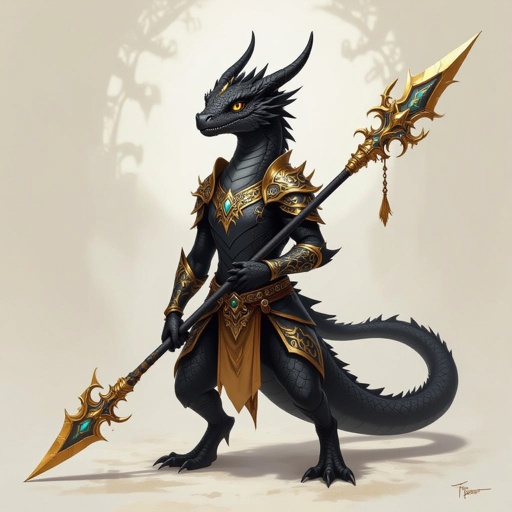 Black golden dragonnewt wielding a ornate spear