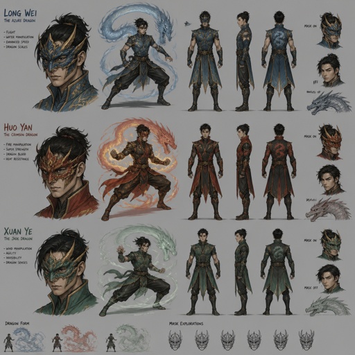 Male superhero with dragon abilities, mask, Asian , multiple of the same character