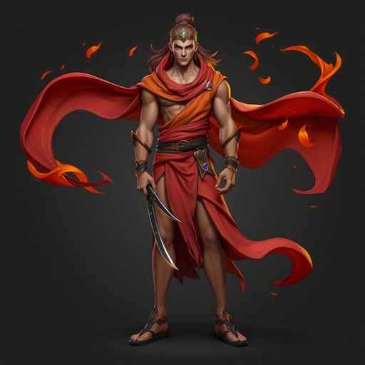 Create handsome guy name Rhen the Fire – A lean, muscular man. He wears layered, flowing desert robes dyed in warm reds and golds, with scorch marks where flames have licked them. A curved blade hangs at his hip. Show whole body head to toe including her shoes.
