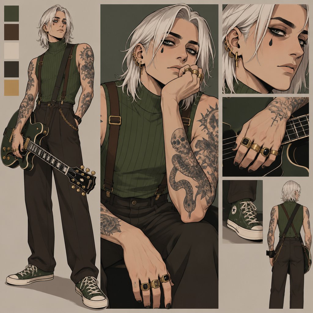 Male, shoulder length straight white hair, grey horizontal lines in hair, under eye mascara, multiple gold ear piercings, tear tattoo under eye, arm tattoos, multiple rings, sleeveless green turtle neck, brown suspenders, green tennis shoes, guitar