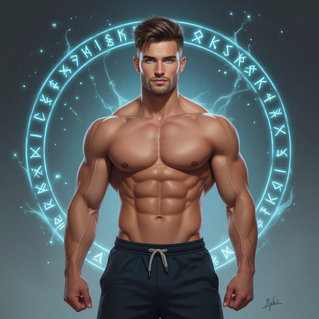 Mężczyzna. Wysoki o muskularnej budowie. Krótkie brązowe włosy, wygolone boki. Delikatny zarost. Mocna budowa ciała. Orli nos. Wąskie usta i jasne niebieskie oczy. Ubrany w strój sportowy.