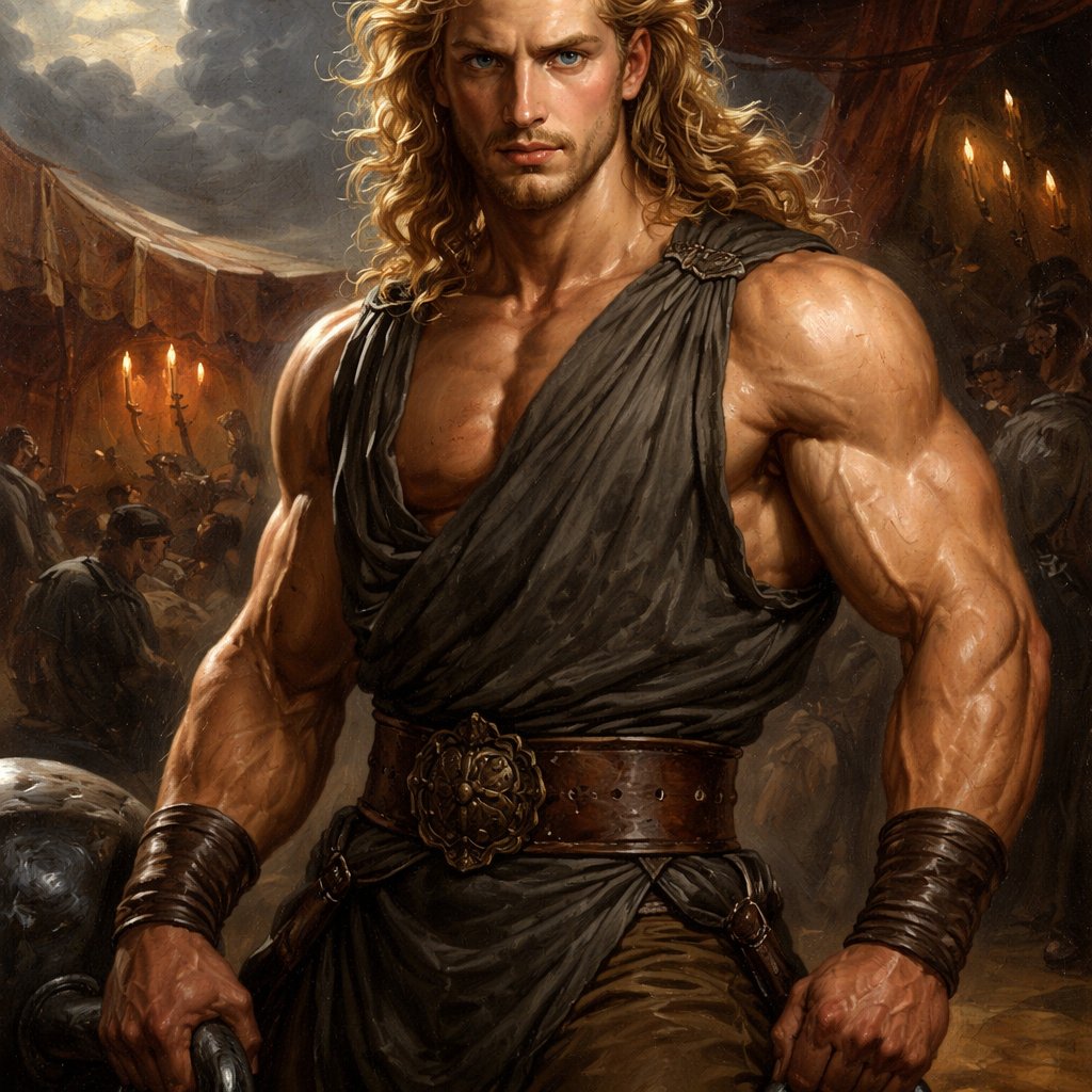 A tall well~proportioned male, so handsome he looks like a Greek god with muscles. With deep-set blue eyes and strong brows, hinting at inner depth“. His hairstyle is a blonde mullet. He works at freak show as a strong man. His outfit consistsed of a Charcoal-toned sleeveless Greek tunic, thick leather belt, leather wristbands/cuffs, brown pants.