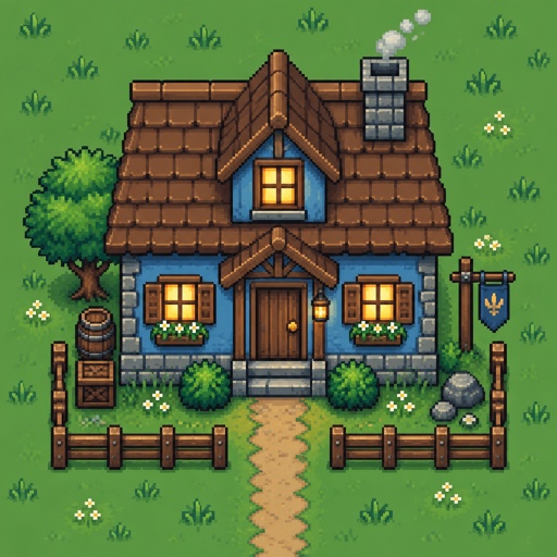 Small house unique for a modern fantasy game, exterior, top down style, shading and highlights