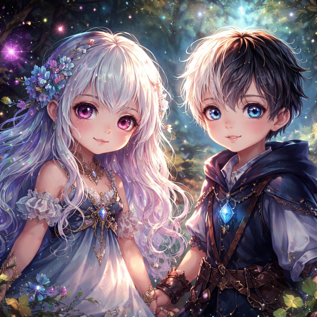 Two small children one girl with white and blue hair and pink eyes and one boy with short white, black hair and blue eyes