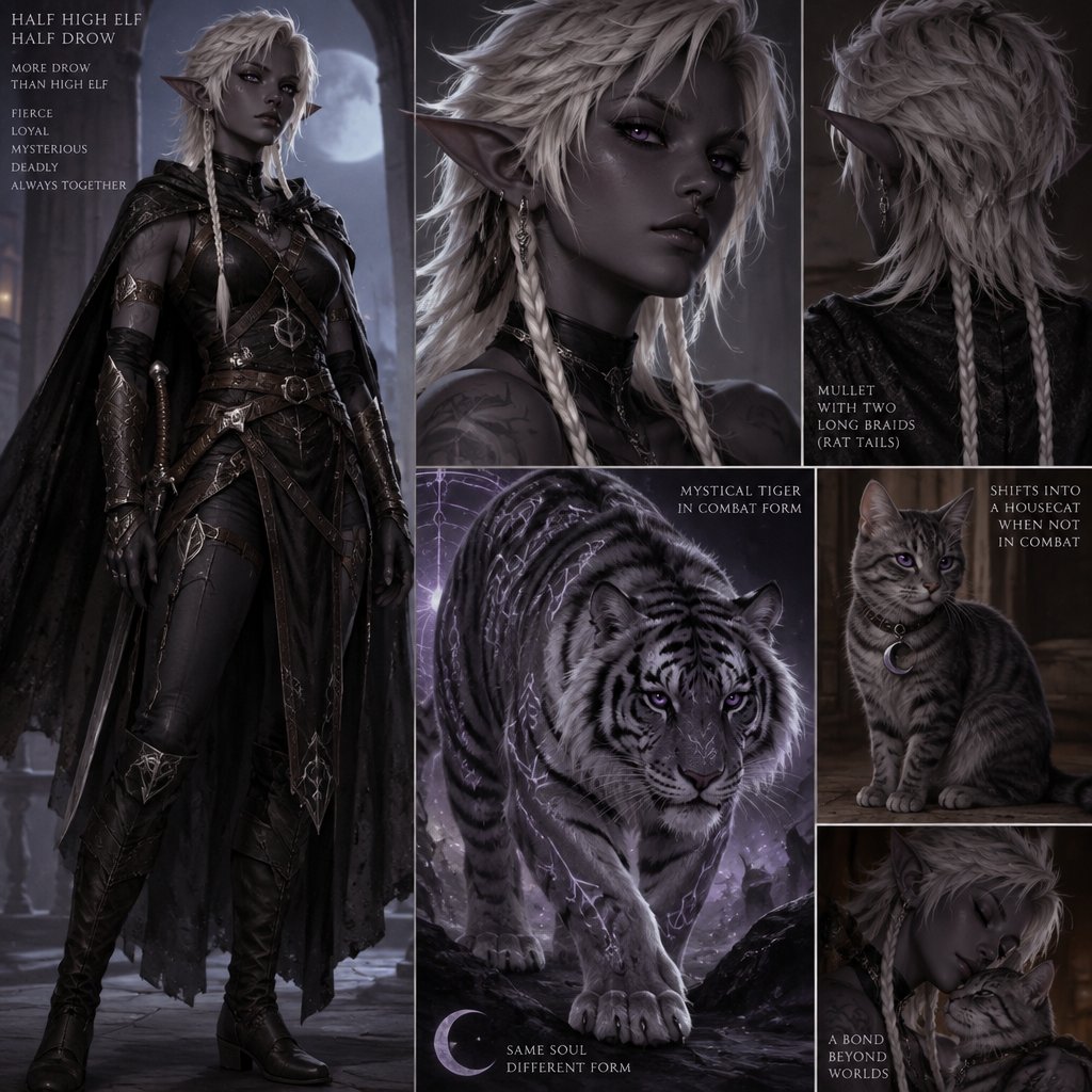 a half high elf half drow female who has a mystical tiger who can shift into a housecat when not in combat she has a mullet with two long braids(rat tails) she takes on more traits of a drow/dark elf then high elf