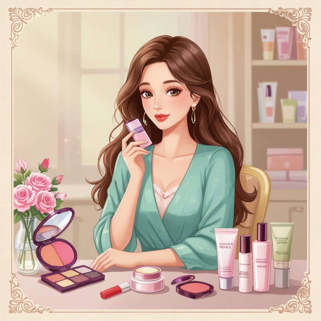 Create a character showing there whole body head to toe, a lady who loves beauty products