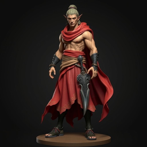 Create handsome hero name Rhen the Fire – A lean, muscular man. He wears layered, flowing desert robes dyed in warm reds and golds, with scorch marks where flames have licked them. A curved blade hangs at his hip. Show whole body head to toe including her shoes.