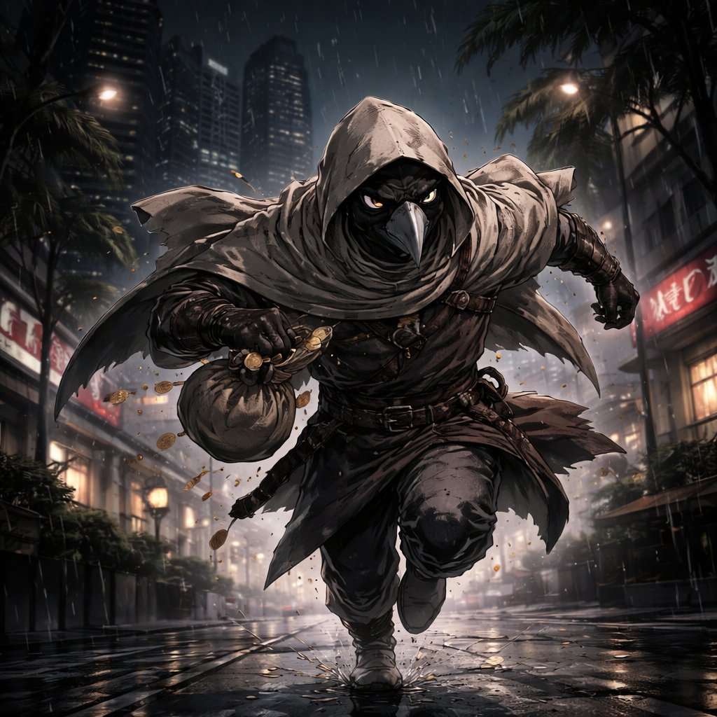 Thief run trough modern dark singapure streets , wearing rags in old persia clothes with short cloack , face like bird craw