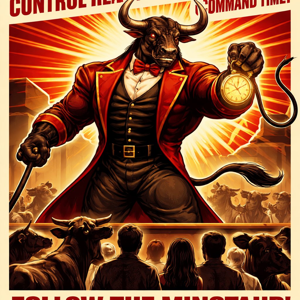 A Minotaur with a well~proportioned figure that works at freak show as the ringmaster. That has gifts/abilities like Reality Rejection, Time Manipulation (Chronokineses), Zoolingualism (Language of Cattle only), Human Speech.