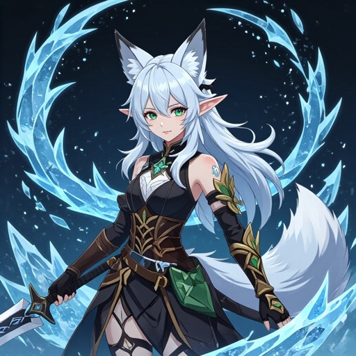 (In the style of an anime game called Genshin Impact) A pale teenage girl wearing black, has medium white hair, has large fox ears and a fluffy tail and a dark green and brown ancient right arm with a black glove on her left arm holding a sword of ice with a black-ish background with ice swirling around her