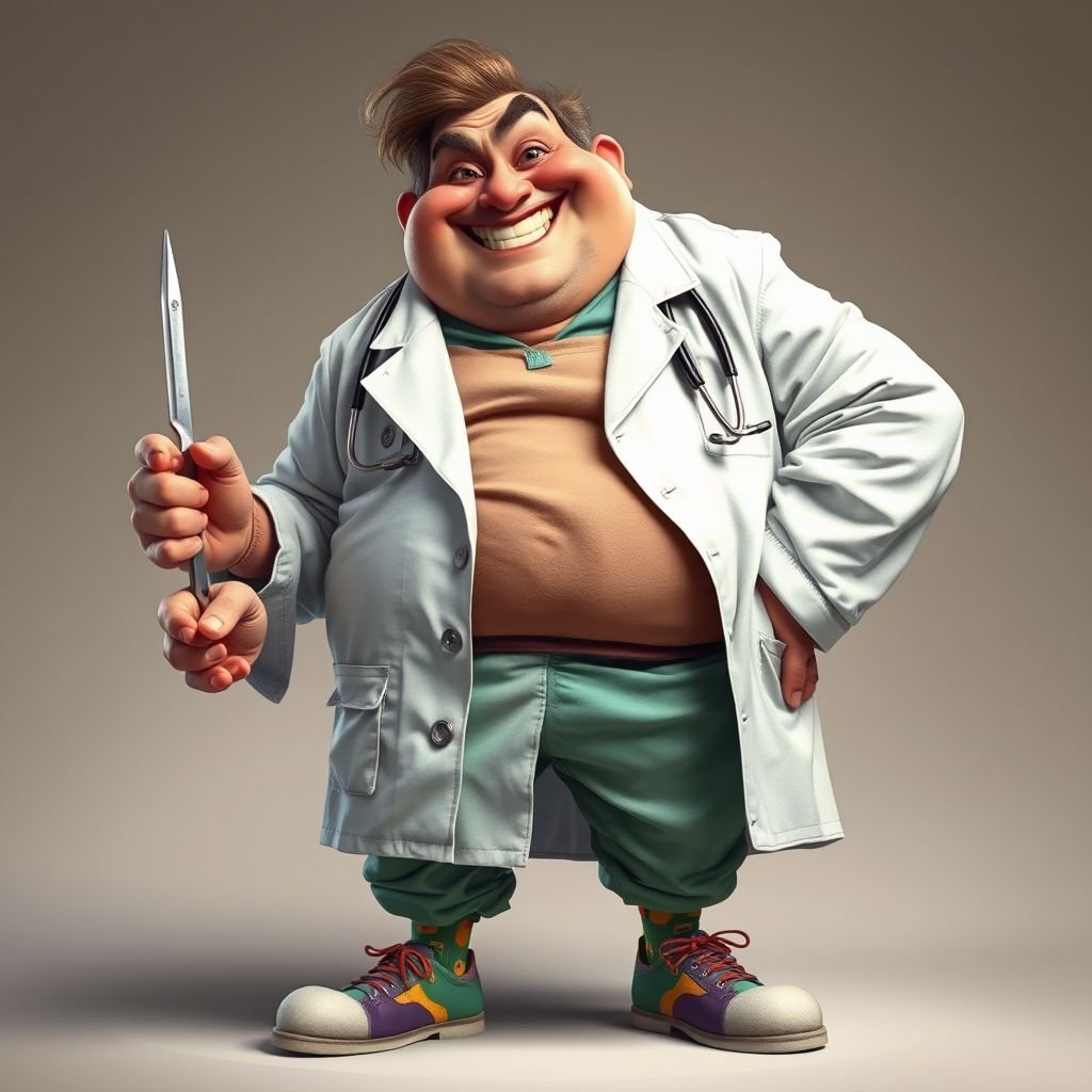.. create a fat doctor. Who is funny human looking from head to toe. And he always immediately results to surgery for anything even small things. So please be sure to show his whole outfit head to toe. Make him have 1 tooth. Make it more adult humor instead of cartoon humor.