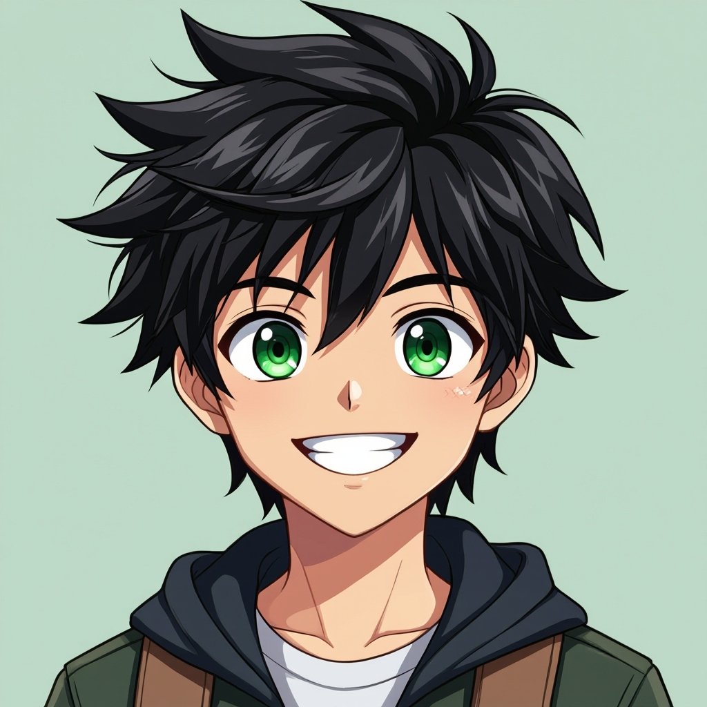 Male. 15 years old. Black hair. Green eyes. With a smile that says he’s ready for adventure