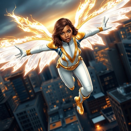 A teenage African American female superhero with brown hair with gold highlights in a shoulder length side part hairstyle with pure Gold Glowing eyes wearing a white suit with gold and royal blue with white pants and gold and white knee length boots with a utility belt with a gold V as her chest emblem with glowing wings made of white fire flying in Philadelphia