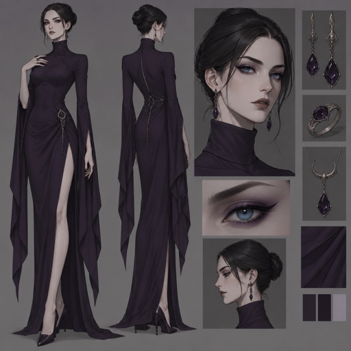 Female,tale,pale,beautiful,very call expression,mysterious,black hair in a neat bun,bright blue eyes, wearing a dark purple long turtleneck dress,high heels, eye liner,dark purple eye shadow,wearing jewelry