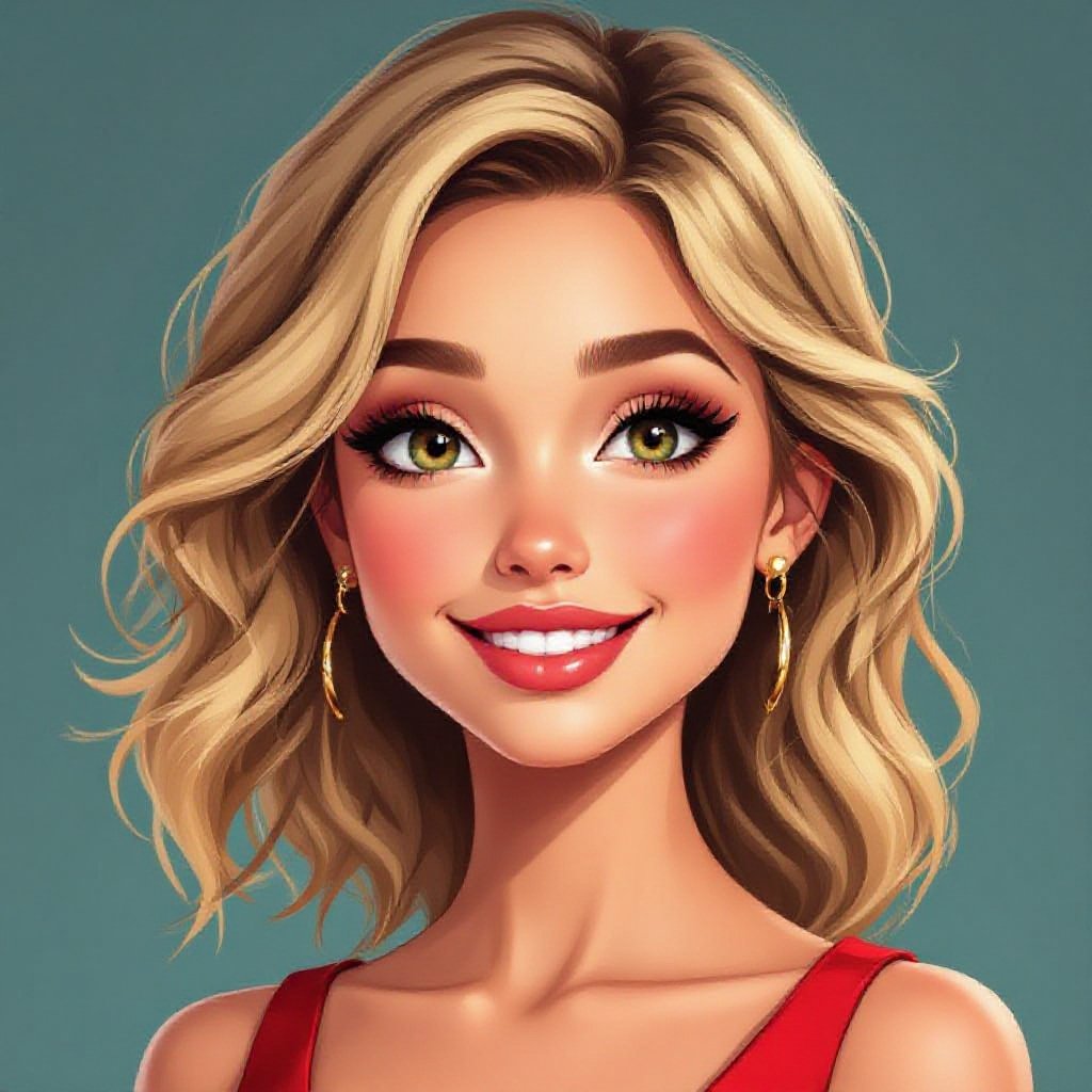 A female character, blonde wavy hair, tan skin, rounded cheeks, hazel eyes. It’s a portrait and she is smiling while look straight at the camera. She is in a red dress