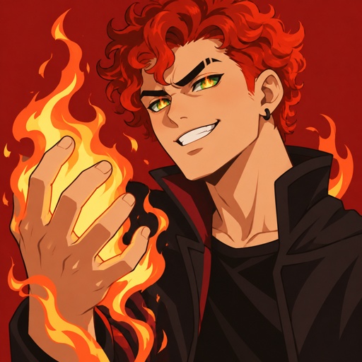 Male,red curly hair,hair looks like fire,grinning, right eyebrow shaved in middle, green eyes,has fire powers,eye colors look like fire 