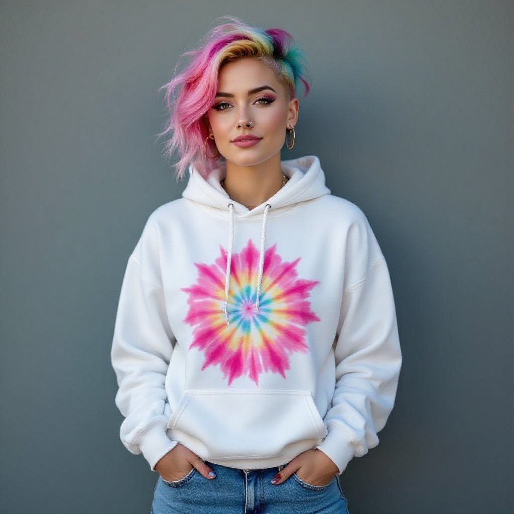 Eccentric non binary 26 year old In jeans a white Hoodie and an pink tye-dye t-shirt