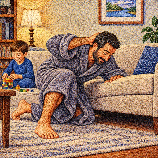 a painting of a man sitting on a couch next to a child
