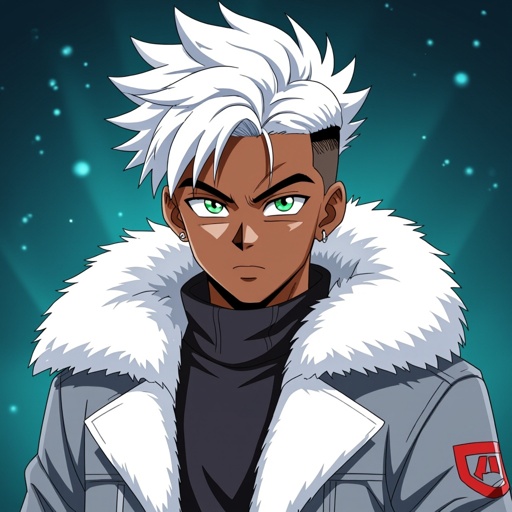 A black male in his teenage years with a white undercut and green eyes. Give him an outfit resembling future trunk’s from Dbz but make it gray with white fur and fantasy themed. 