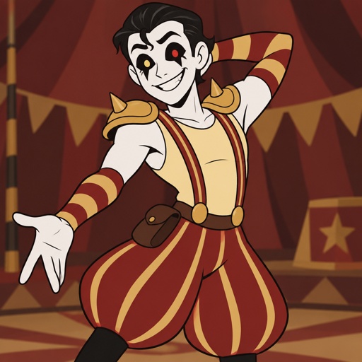 Male, white painted skin, black slick back hair, one hair strand on forehead, completely black eyes, one red one yellow pupil, one black spike under eyes, black lines above lines under eyebrows, big smile, sleeveless yellow shirt, red suspenders with yellow stripes poofy on the bottom, red and yellow striped arm warmers, gold shoulder pads, small brown sack attached to belt, posing