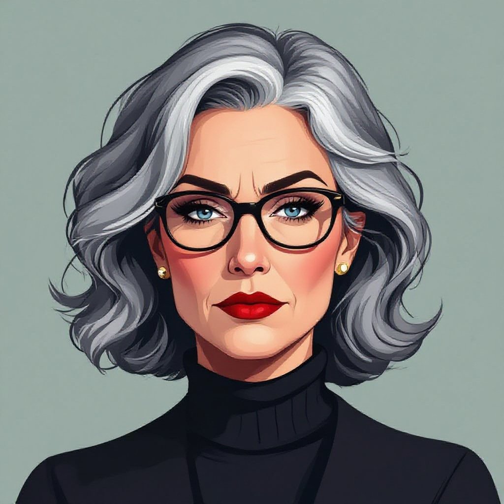 Middle aged woman with salt and pepper hair, slightly grumpy, dark red lipstick, boarding school professor vibes