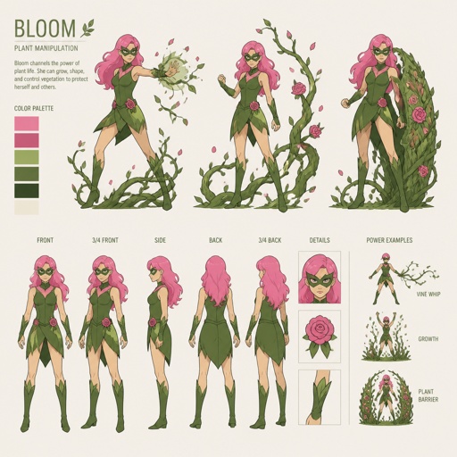 Female superhero with plant powers, mask, pink hair, multiple of the same character 