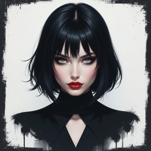 Show character head to toe. Create a mid age mysterious woman jet-black hair is cut sharpand her eyes seem to pierce through darkness. A shadowy aura clings to her form,