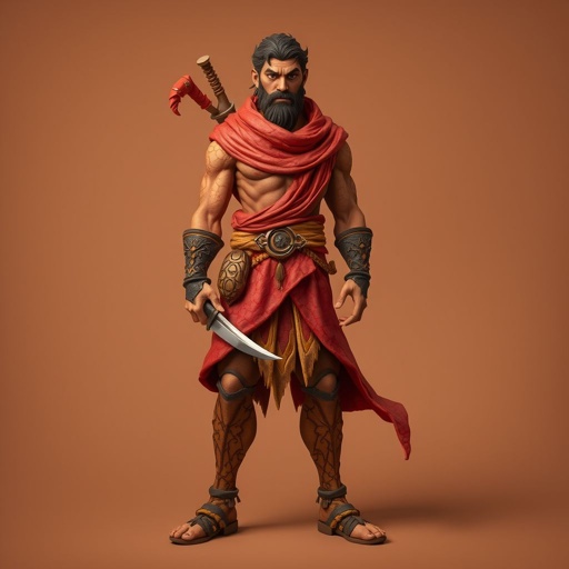 Create handsome hero Rhen the Fire – A lean, muscular man. He wears layered, flowing desert robes dyed in warm reds and golds, with scorch marks where flames have licked them. A curved blade hangs at his hip. Show whole body head to toe including her shoes.