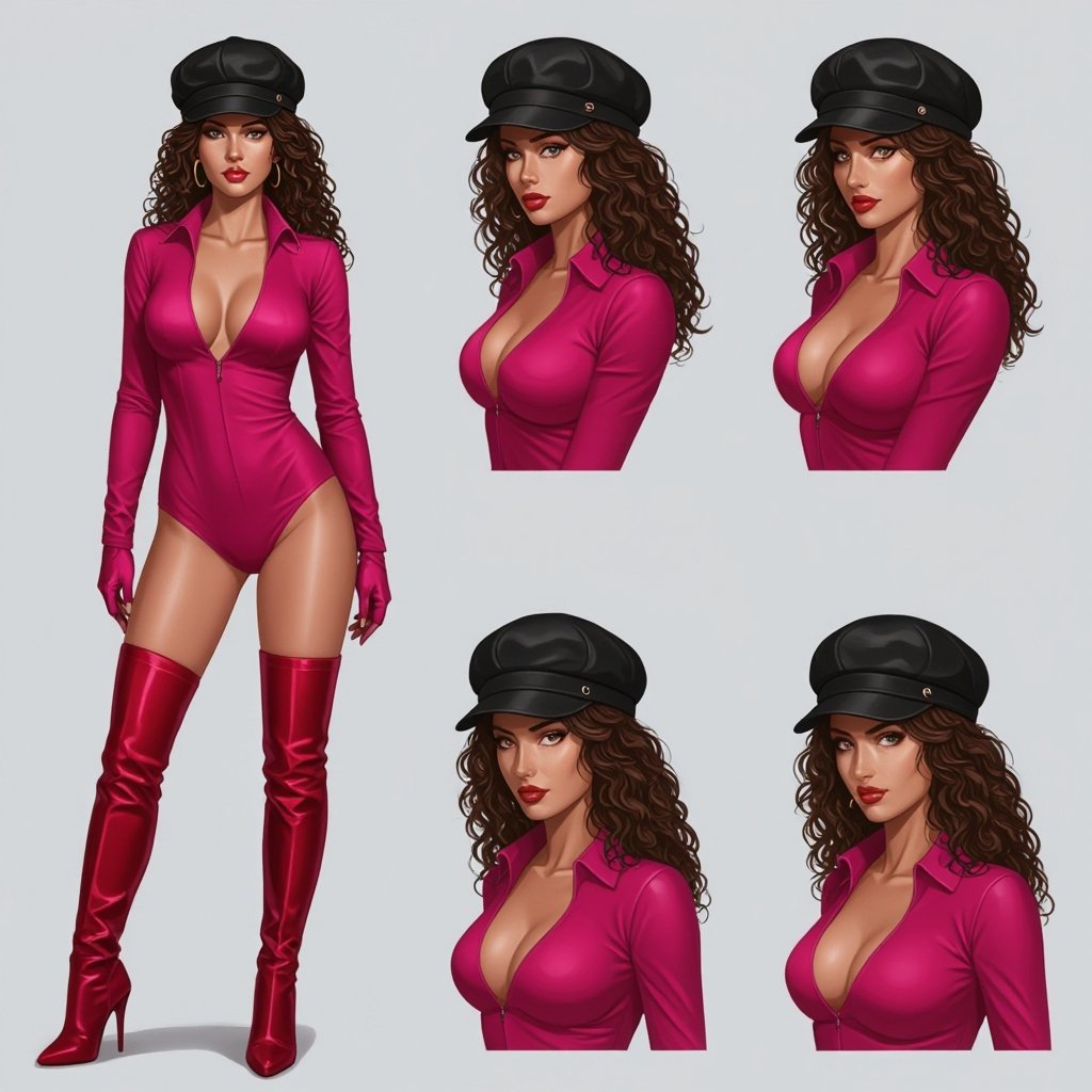 Dark Brown Frizzy Haired Spy Thief in a Tight Hot Pink Bodysuit and Rose Red Thigh High Pump Boots. Black and Red Newsboy Cap