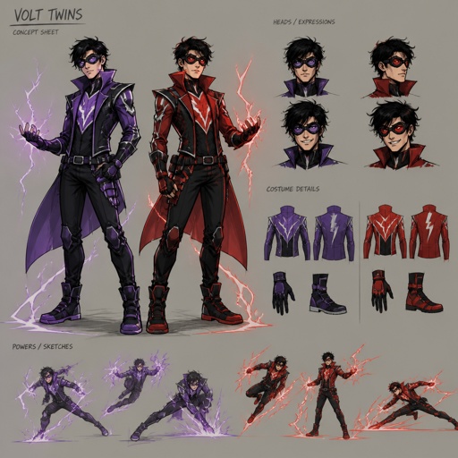 Male superhero twins with lightning powers, cool costumes each on different, goggles, one has purple the other has red, they can morph into one body, black hair,multiple of the same character 