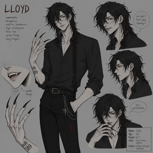 Anime white male, name Lloyd, hair messy long one braid,black hair with red stripes,clean shaven,red eyes,long scary fingers spider fangs, glasses,earrings ,sarcastic,sassy,laugh mockingly,was a unwillingly experiment many years before getting rescued,has power of a spider poisonous crawl on walls and ceiling,makes spider webs with his hands,can communicate and control spiders,very dangerous, on right arm a print says sub 389,doesn't remember anything from his past special agency taking care of him.