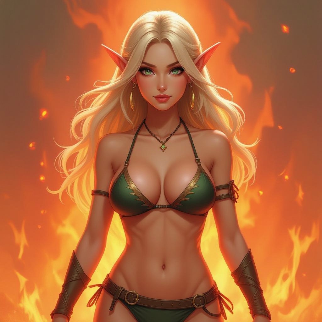 A blonde female elf with big boobs in the middle of fire wearing a bikini